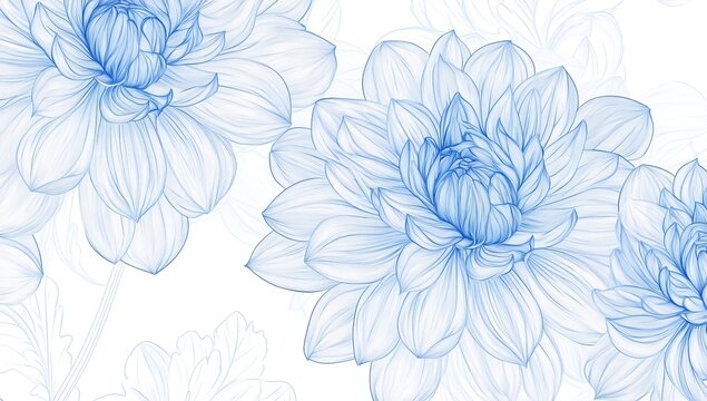 Delicate seamless line art background featuring hand drawn dahlia flowers in soft blue pastels