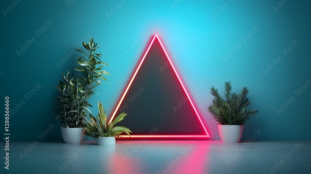 Poster digitally rendered image featuring symmetrically positioned neon geometric triangle shapes in a futu