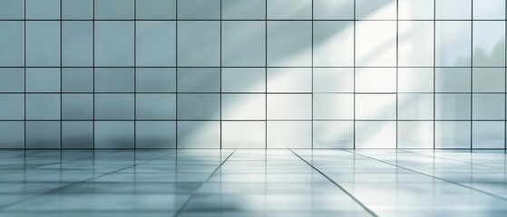 Fototapeta premium Smooth white ceramic tile wall with soft reflections, minimalist and contemporary