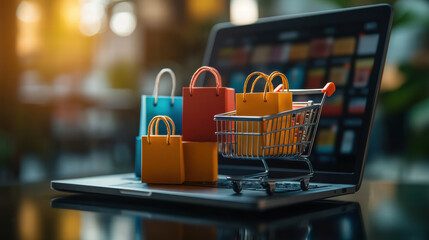 vibrant e commerce scene features colorful shopping bags and cart on laptop, symbolizing online shopping. warm lighting adds dynamic feel to digital marketplace