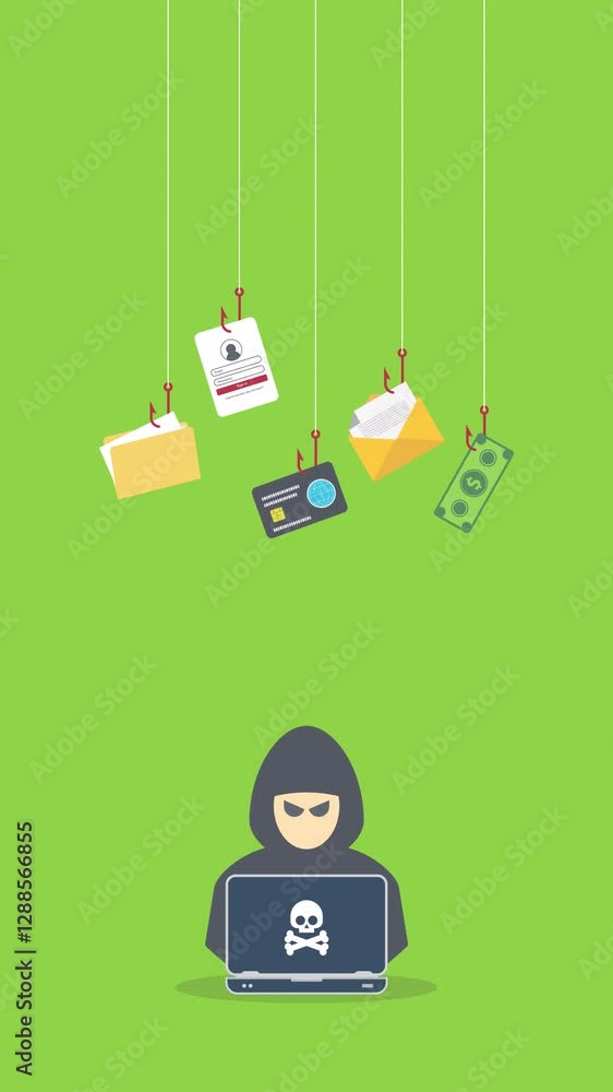 Poster hacker with laptop computer stealing confidential data, personal information and credit card detail.