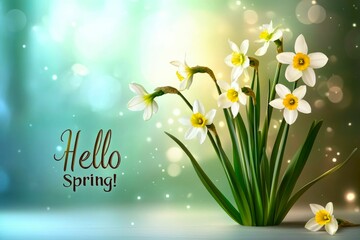 Hello spring text and beautiful narcissus flowers