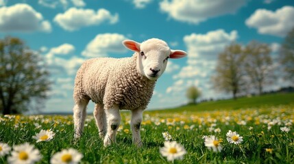 Obraz premium Lamb grazes in a lush green field with daisies and blue sky.