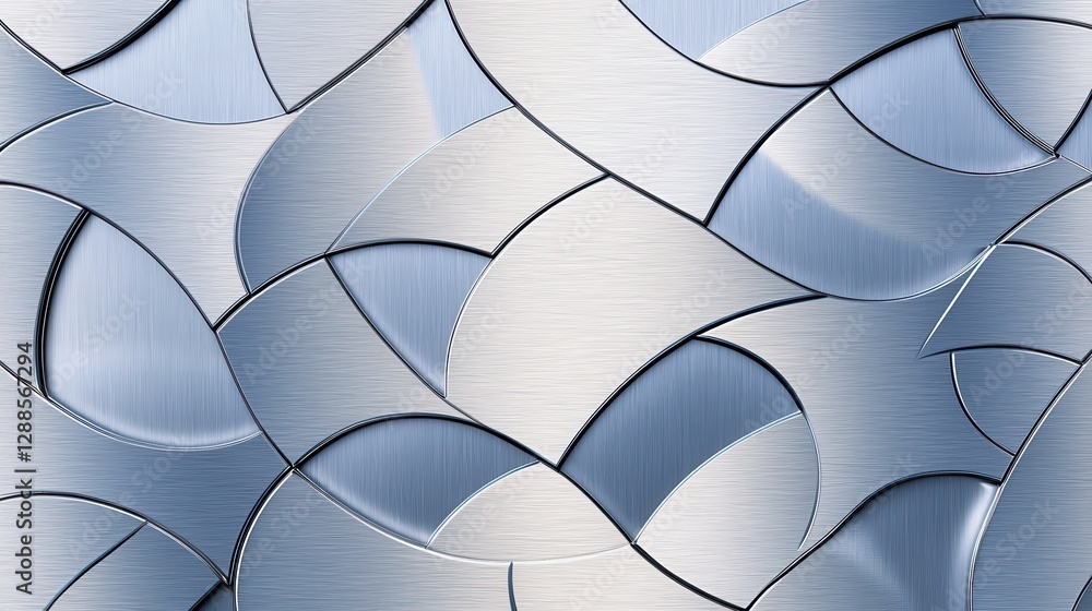 Poster a close-up of a textured metallic surface featuring interwoven, curved patterns with a brushed finis