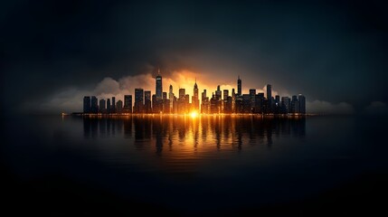 Fototapeta premium Dramatic and captivating nighttime city skyline with glowing symmetrical lights and smooth black sky creating a mesmerizing urban landscape reflected in the water below