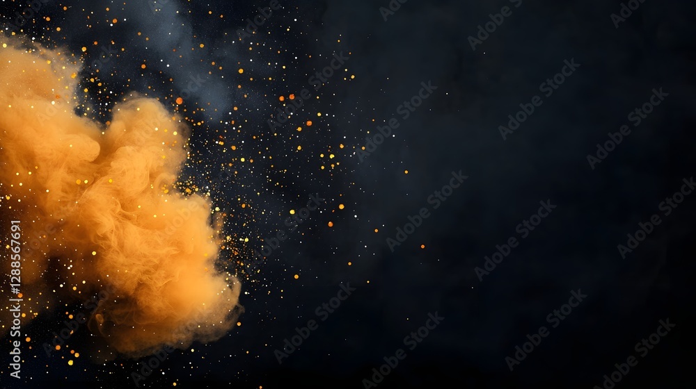 Poster dramatic and ethereal glittering dust explosion with sparkling particles floating against a dark moo
