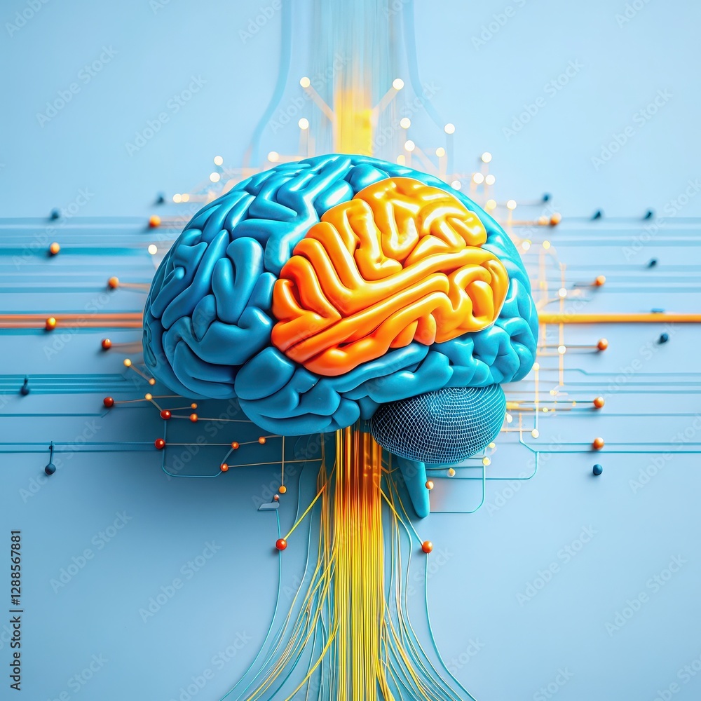 Poster automated ai algorithms, colorful brain illustration with circuits on a blue background, symbolizing