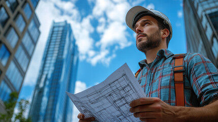 construction supervisor studies architectural plans against backdrop of modern skyscrapers, showcasing dedication and focus in urban development
