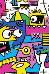 Obraz premium Bright fun doodle pattern with quirky shapes and vibrant colors, perfect for creative projects.