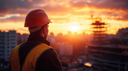 construction worker wearing hard hat and safety vest gazes at stunning sunset over city skyline, reflecting on day work and future projects