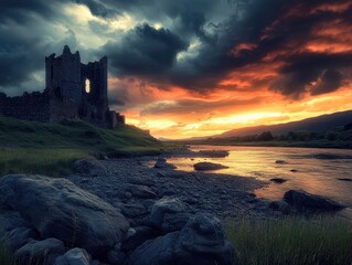 Fototapeta premium Majestic Sunset over Ancient Castle Ruins by the River: A Dramatic Landscape Photography