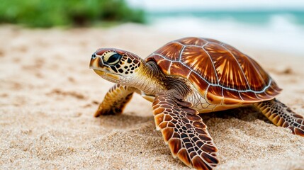 Obraz premium Sea turtle on sandy beach, moving gracefully towards water.