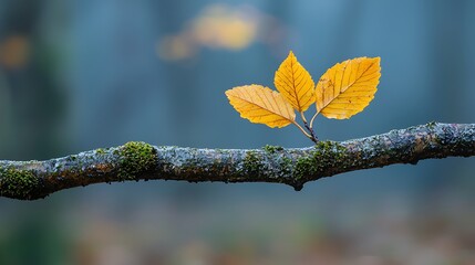 Two autumn leaves on a branch in a misty forest