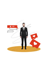 Vertical creative composite photo collage of confident serious man have new followers in social...