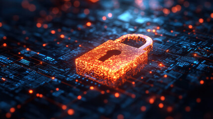 digital lock symbolizing cybersecurity and data protection, surrounded by glowing data streams and network background, represents importance of safeguarding information