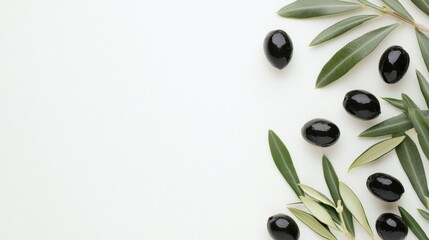 Fresh olive branch with ripe black olives evokes Mediterranean charm.