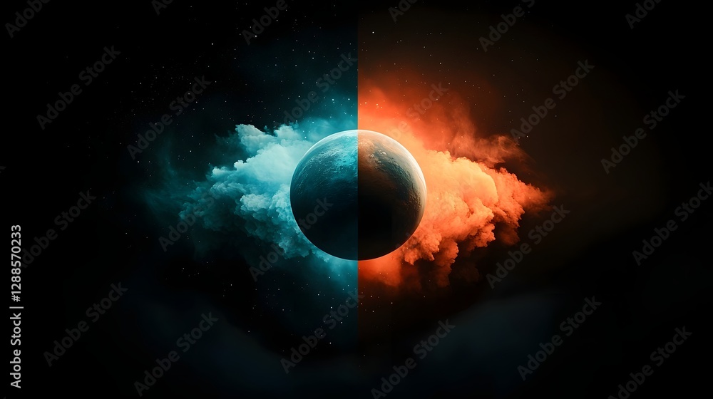 Poster dramatic image of two ethereal planetary spheres orbiting each other in a vast dark cosmic void surr
