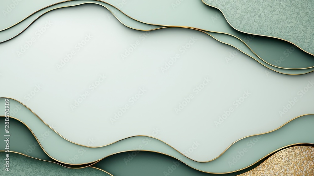 Poster an abstract design featuring layered shapes in soothing green hues, creating a textured and elegant 