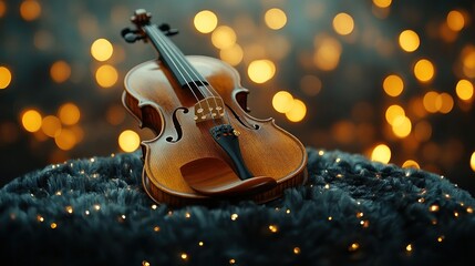 Violin resting on soft fabric, warm lights bokeh