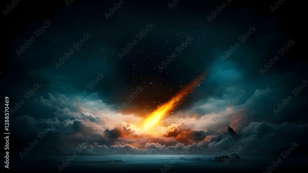 Poster dramatic night sky scene with glowing meteor showers illuminating the dark cosmic void creating a se