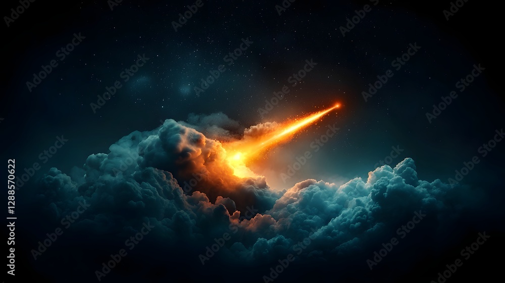 Poster dramatic of a fiery comet trail bursting through vibrant glowing cosmic clouds against a deep dark c