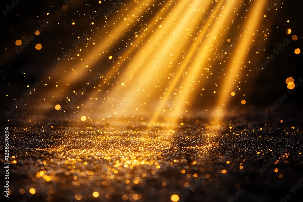 Poster shining golden light rays and glittering particles creating a festive atmosphere