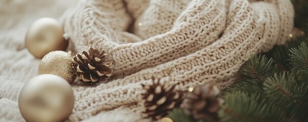 Cozy knitted sweater with ornaments and pine, Christmas setting.  Holiday greeting card