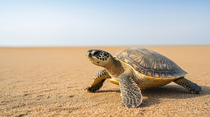 Obraz premium Sea turtle on sandy beach, gracefully moving toward the ocean.