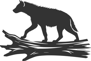 A hyena walking along a fallen tree trunk vector animal silhouette
