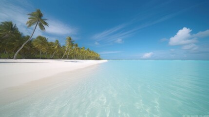 Fototapeta premium Tropical beach, pristine white sand, turquoise water, palm trees, idyllic scenery