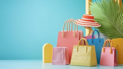Colorful shopping bags and a hat against a bright background with a tropical vibe.