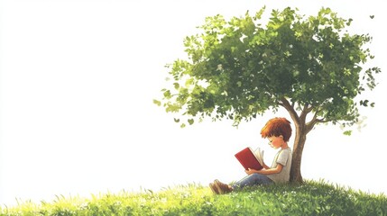 boy reading a book in a park surrounded by nature and greenery