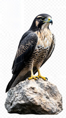 View of a hawk sitting on a pebble on a white background
