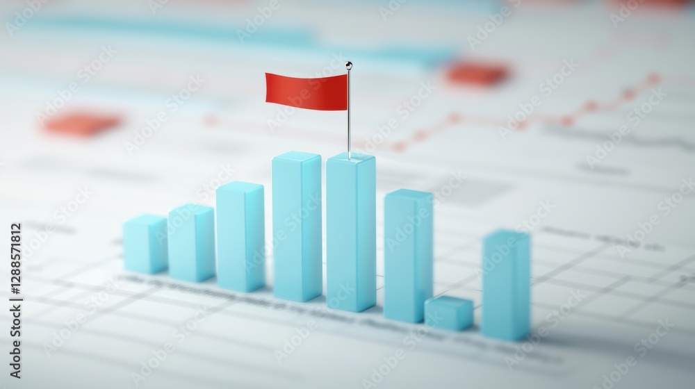 Poster blue bars graph increasing with a red flag symbolizing success.
