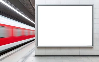 Blank vertical advertising billboard in modern subway station.