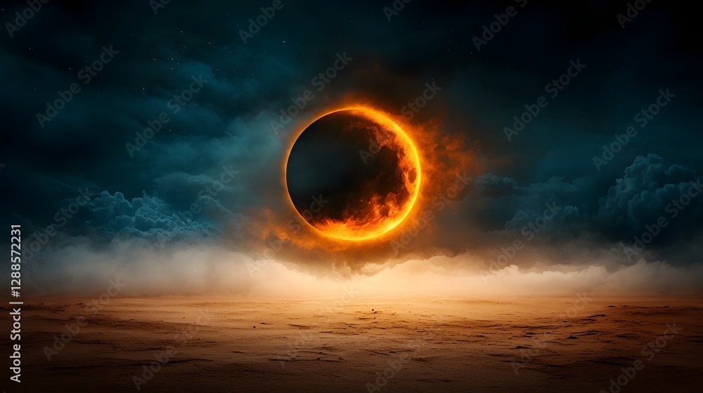 Poster dramatic solar eclipse with glowing golden corona light dramatically looming over a desolate desert 