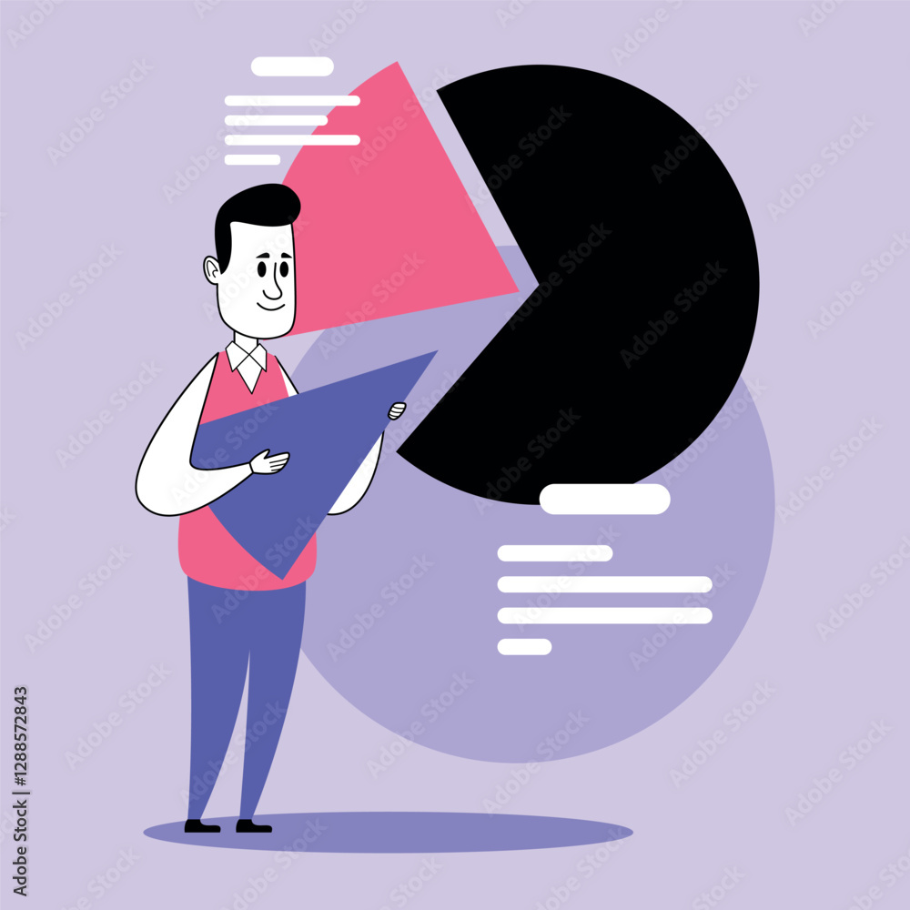 Poster business professional engaged in data analysis, holding chart while observing pie chart. analytical 