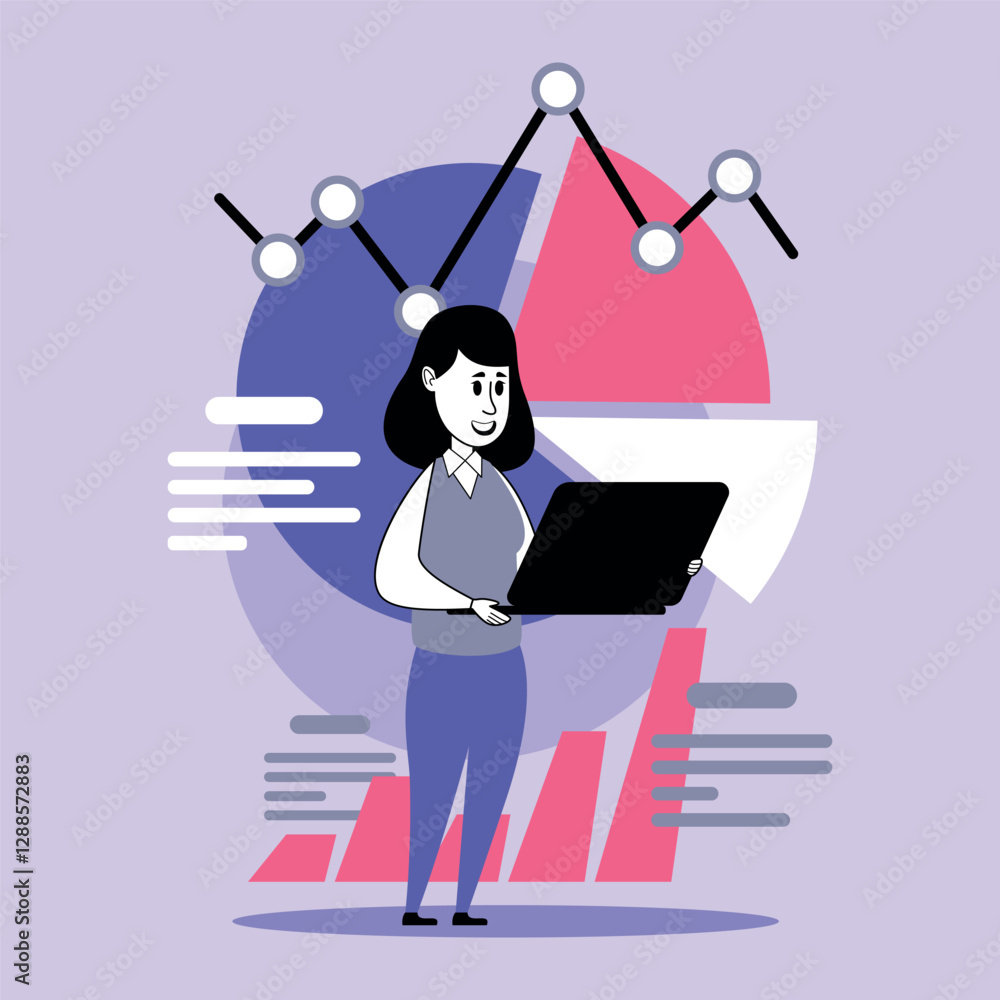 Poster business professional standing with laptop, examining data represented by colorful graphs and charts