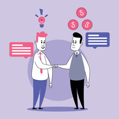Two professionals shaking hands in stylized setting, showcasing positive business partnership, exchanging ideas represented by speech bubbles and financial symbols