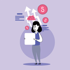 Person holding blank sign while surrounded by symbols of success, including coins and brainstorming elements. Strategy planning in business environment concept