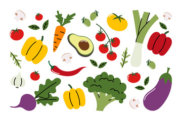 Set of fresh vegetables. Colorful flat design of healthy food ingredients, organic farm produce, including tomato, pepper, carrot, avocado, broccoli, leek, eggplant, chili, mushroom, herbs, and more.