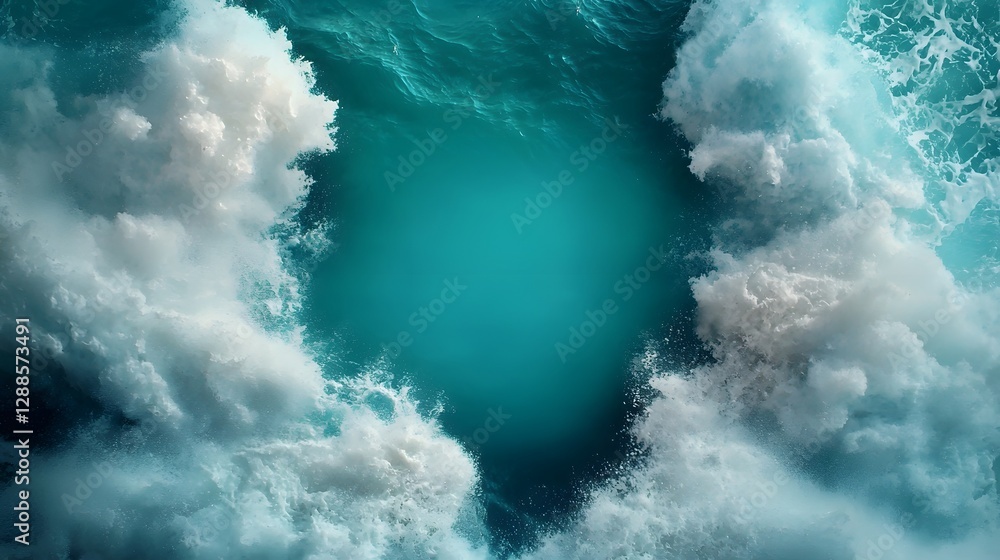 Poster dreamy ocean waves crashing on both sides creating a deep blue water scene with glowing mist and a s