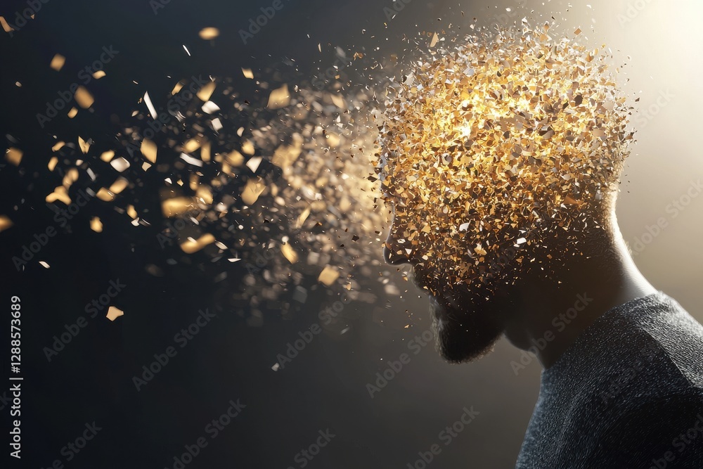 Poster a surreal image of a person whose head appears to disintegrate into golden particles, symbolizing cr