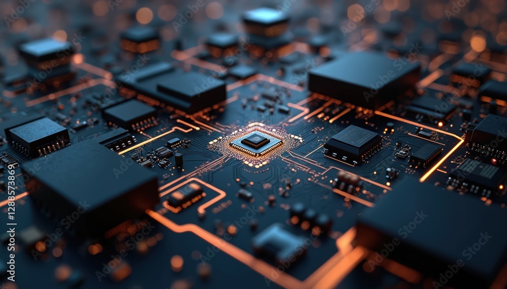 Aufkleber Three-dimensional technology background featuring circuit board with depth of field. Black dark colors, digital pattern, connection lines. High tech AI computer system, electronic components, cyber