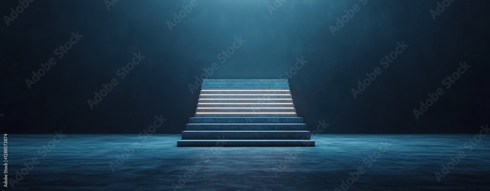 Poster a dimly lit, modern staircase ascends into a mysterious, illuminated space, creating a sense of dept