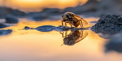 Golden Hour Insect Reflection Still Water Nature Photography bug sun art rock pond lake