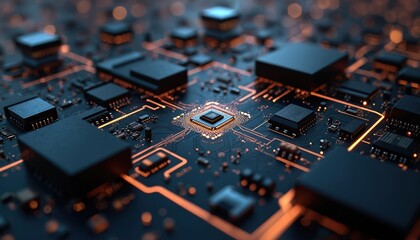 Three-dimensional technology background featuring circuit board with depth of field. Black dark colors, digital pattern, connection lines. High tech AI computer system, electronic components, cyber