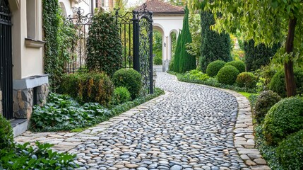 Serene Garden Pathway with Stone Pebbles and Lush Greenery