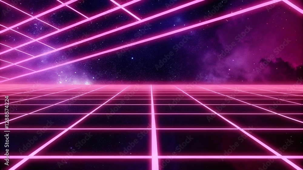 Poster futuristic background with a glowing grid in outer space. backdrop with a blue perspective grid and 