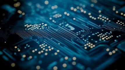 Obraz premium Circuit board detail, technology, close-up, blue, background blur, tech design